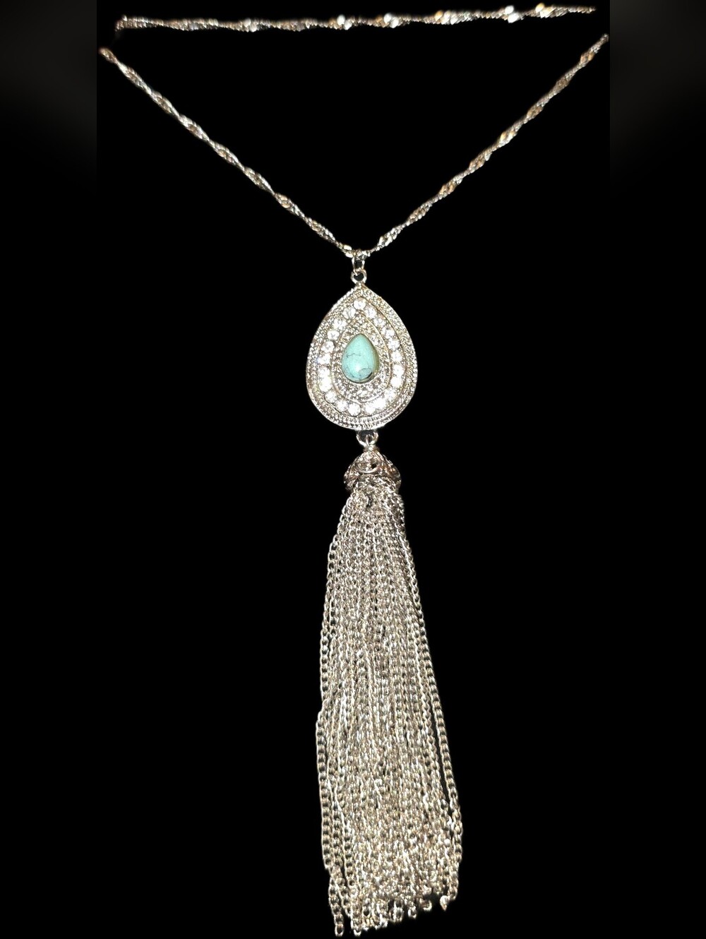 Silvertone Tassel Necklace W/Faux Turquoise Teardrop